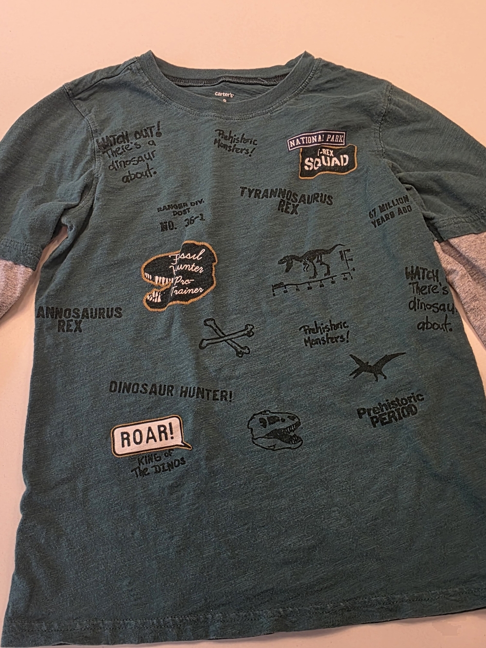 Carter's Teal & Gray Dinosaur Patch Long Sleeve Shirt